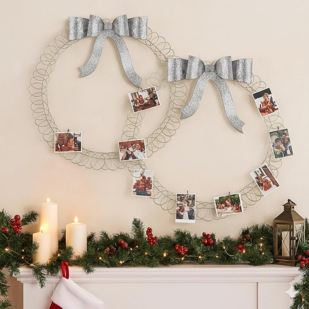 2 Pcs Christmas Photo Holder Display 17" Metal Wreath Xmas Card Holder Display Wall Hanging Decoration with Bow Wire Loop for Greeting Card Picture Insert Holiday Wall Decor(Silver)