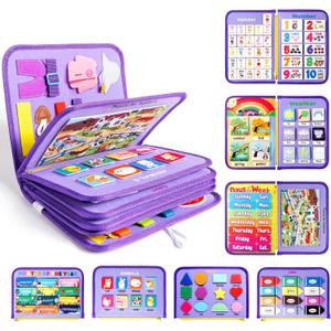 Toddler Busy Board, Montessori Busy Book for Kids, 12-Page Quiet Educational Activity Book, 24 in 1 Learning Sensory Toys for Motor Skills, Travel Toy for Car Airplane, Girl Birthday Gift (Mermaid)