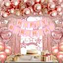 Rose Gold Birthday Party Decorations, Happy Birthday Banner, Rose Gold Fringe Curtain, Heart Star Foil Confetti Balloons, Hanging Swirls for Women Girls Birthdays Princess Party