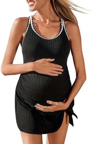 Summer Mae Ribbed Maternity One Piece Swim Dress Pregnancy Swimsuit with Built-in Bottom Swimwear Tie Knot Skirt Bathing Suit 12
