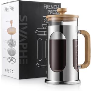 Sivaphe No-Plastic French Press Coffee Maker 34 oz, Borosilicate Glass Bamboo Lid and Handle Coffee Tea Press 8 cup, 1000ml Coffee Milk Forther with Stainless Steel Holder and Resuable Filters