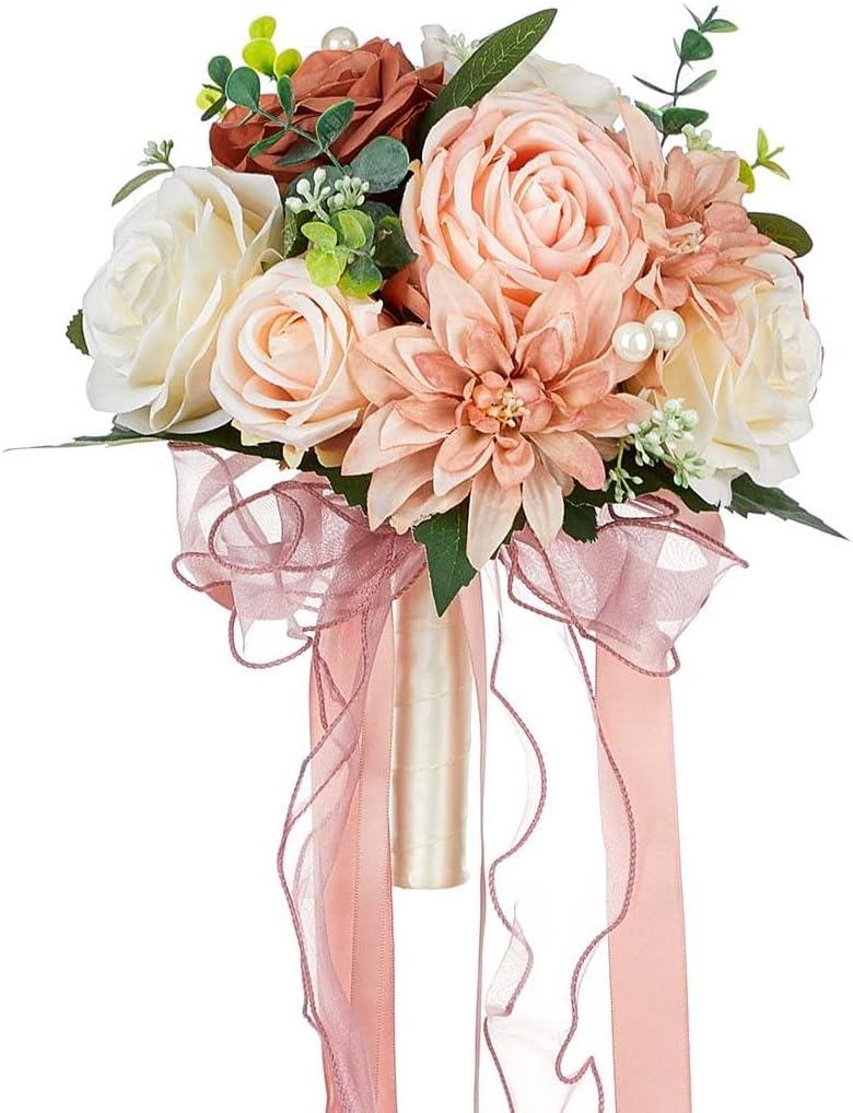 CYANLUX Wedding Bouquets for Bride Bridesmaid Bouquet Champagne White Artificial Roses Flowers for Wedding Valentine's Day Church Home Decoration (Pink)