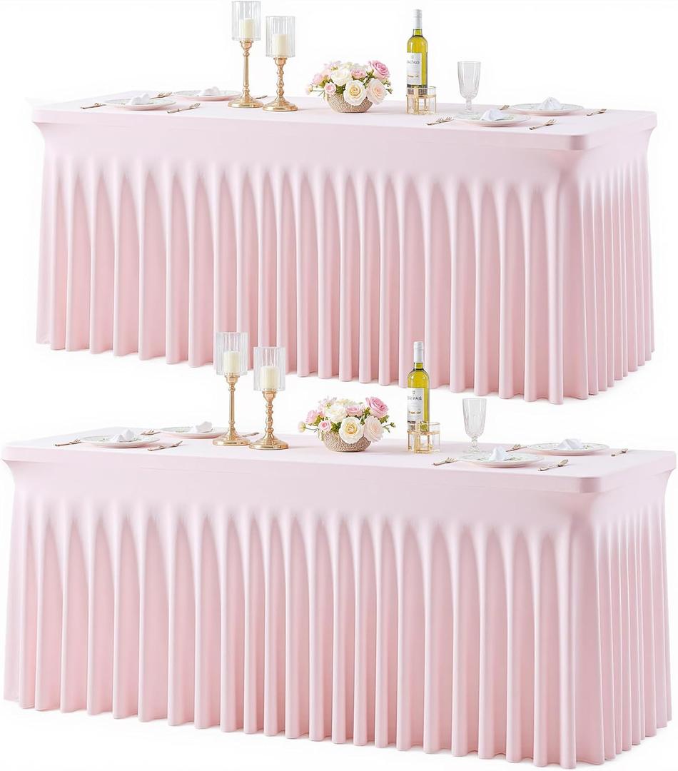 2 Pack Pink Table Cloth for 6 Foot Rectangle Tables Spandex Fitted Tablecloth 6ft Stretch Table Covers Skirt Pink Banquet Tablecloths Wrinkle Free Tablecloth for Party Wedding Birthday Event