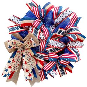 250th Anniversary Patriotic Wreaths for Front Door, 24 Inch Large Full Layered & Pre-Lit Design 4th of July Decorations with Burlap Bow, Red White and Blue Ribbon Wreath for Memorial Day