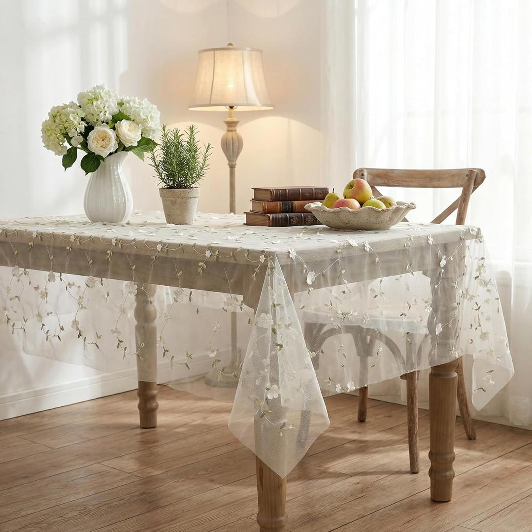 Horaldaily White Gauze Floral Tablecloth 60120 Inch Rectangular, Beige Flower Spring Summer Tulle Table Cover, Garden Party Decor for Wedding, Party, Holiday Dining