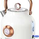 Retro Electric Kettle, 1.7L Stainless Steel Tea Kettle with Large Temperature Gauge, 1500W Fast Heating Hot Water Boiler with LED Indicator, Auto Shut-off & Boil-Dry Protection-Reteo White