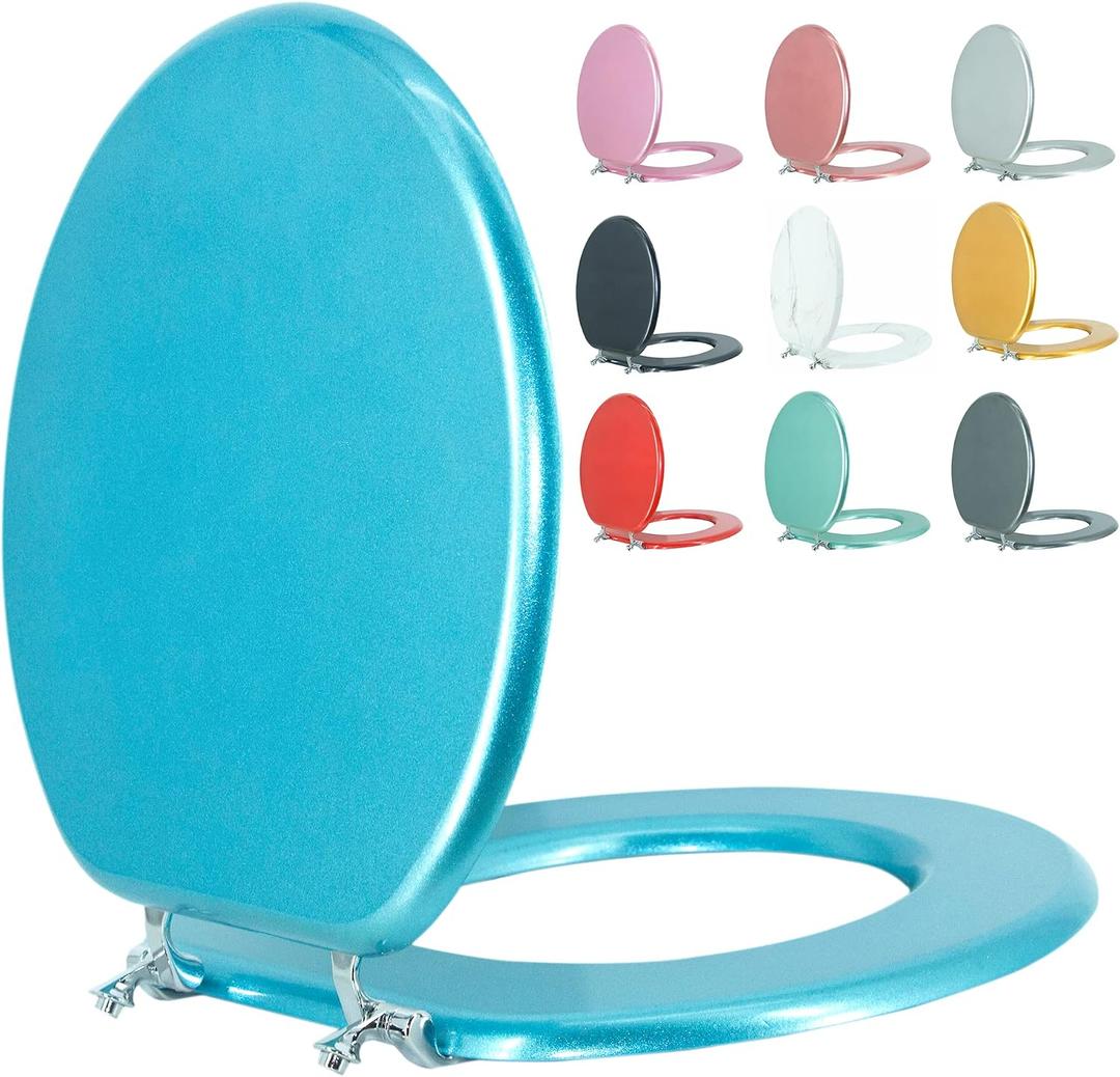 Round Toilet Seat Wood Toilet Seat Prevent Shifting with Zinc Alloy Hinges American Standard Size Toilet Seat Easy to Install also Easy to Clean(Round,Sparkling Sapphire Blue)
