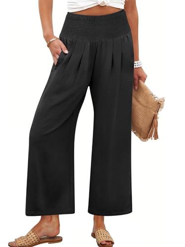 ANRABESS Womens Pants Wide Leg High Waisted Palazzo Pants Summer Flowy Beach Lounge Casual Trousers with Pockets Black, XL