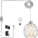 Ruzectt Plug in Pendant Light,Hanging Light with Plug in Cord,Silver Hanging Lamp with Dimmable Switch,15 ft Clear Cord,Hanging Light Fixture for Kitchen Island Living Room Bedroom (Bulb Included)