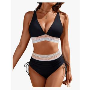 Blooming Jelly Womens High Waisted Bikini Sets Color Block Tummy Control Swimsuits Drawstring Two Piece Bathing Suit L