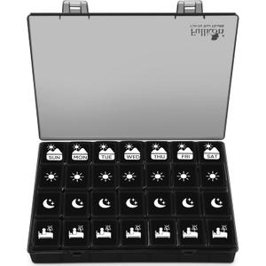 Fullicon Extra Large Weekly Pill Organizer 4 Times a Day, XL Large Pill Box, 7 Day Medicine Organizer, Pill case for Vitamin/Fish Oil/Supplements (Black)