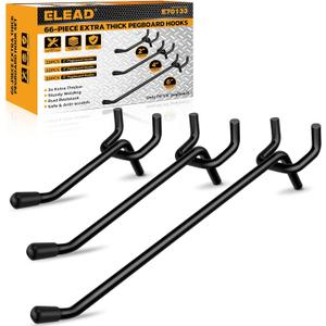 ELEAD 66-Piece 2/4/6 Inch Extra Thick Pegboard Hooks, Heavy Duty Peg Board Organizer Accessories, Peg Board Tool Hangers Fit for 1/4" Pegboard Hanging Tools Garage, Workshop, and Craft Storage