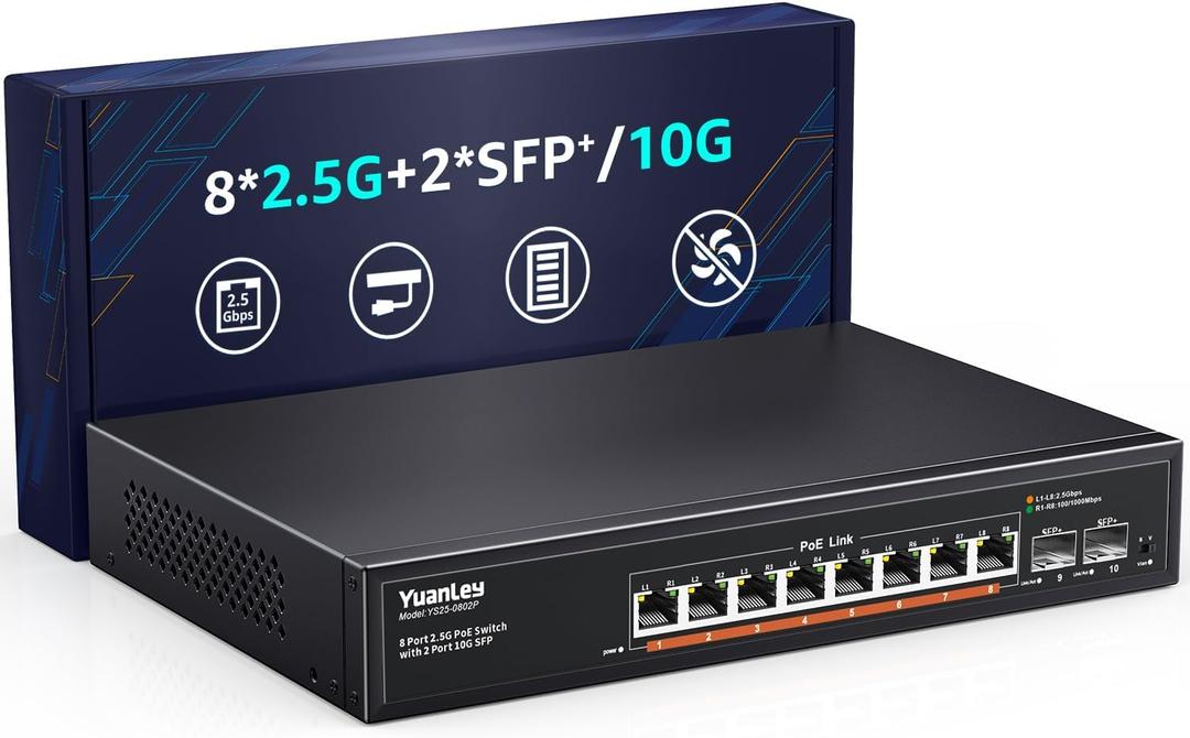 YuanLey 10 Port 2.5G PoE Switch Unmanaged, 8 x 2.5G Base-T PoE Ports, 2 x 10G SFP, IEEE802.3af/at, 120W, Compatible with 100/1000/2500Mbps, Metal Fanless, VLAN, Rack Mount 2.5Gbe Network Switch