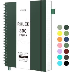 RETTACY Spiral College Ruled Notebook, 300 Pages, A4 Large Size (8.2" x 11.2"), for School, Work, Writing, Journaling, 100 GSM Thick Paper, Flexible Plastic Cover (Deep Green)