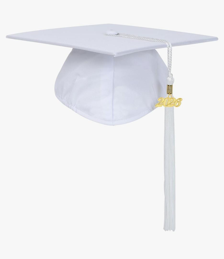 FtyFty Unisex Adult Matte Graduation Cap with Tassel Year 2026 Charm White 2 Pack