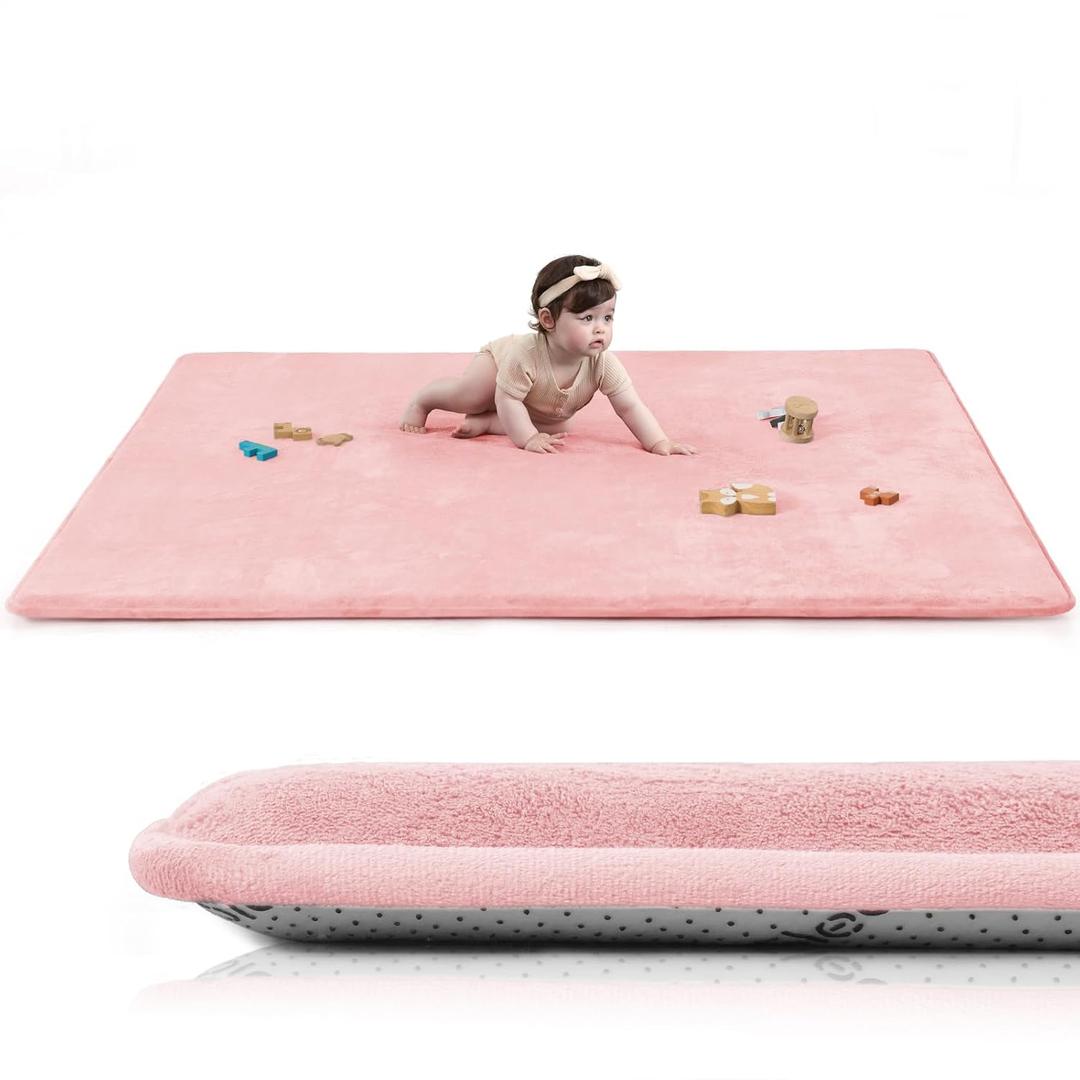 Baby Play Mat for Floor,1.3" Thick Elasti-Foam 50"74" Playpen Mat for Tummy Time,Water Repellent Soft Coral Velvet for Toddler,Infant,Kids,Non-Slip Backing Safe for Crawling(Pink)