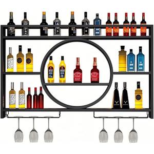 OMKUOSYA Rack Wall Mounted with LED Light, 3-Tier Metal Bar Shelves Wall Mounted with Glass Holder, Liquor Bottle Display Shelf for Home Bar, Dining Room & Kitchen (Black, 47.2in/ 120cm)