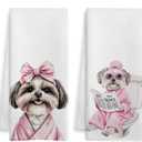 Pink Shih Tzu Bathroom Hand Towels, Shih Tzu Gifts for Women, Trendy Bathrobe Dog Decorative Hand Towels for Girls Guest Bathroom Washroom Power Room Vanity Half Bath, 16x24 Inch Set of 2