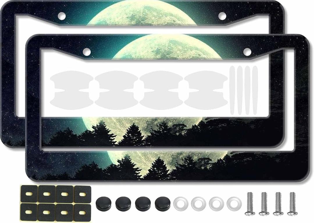 2PCS Full Moon Forest Pattern License Plate Frames for Men Women - Universal Metal Green Moon Night Sky License Plate Holders with Car Door Handle Bow