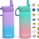 Kids Water Bottle, 2-Pack 16oz Water Bottles with Stickers and Straw, Stainless Steel Vacuum Insulated cup, Kids Water Bottle for School, Gifts for Boys and Girls(Purple/Green)