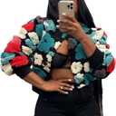 OPCAKM Women's Cropped Floral Print Shacket Jackets Round Neck Long Sleeve Bomber Coat Outerwears (Medium, Green)