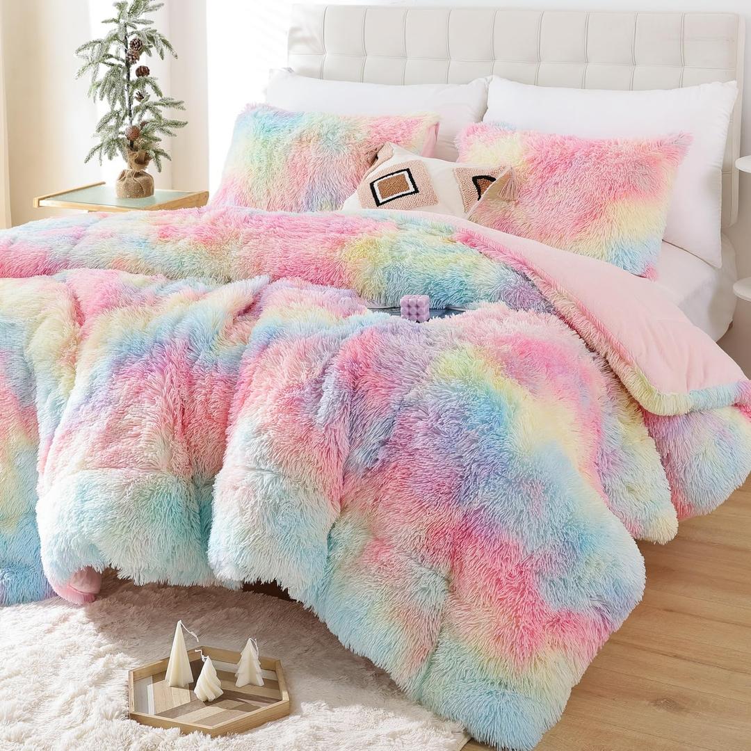 Smoofy Fluffy Queen Comforter Set, Faux Fur Pink Comforter Set Queen Size, Luxury Fuzzy Bedding Set, Soft Shaggy Bed Set for All Season, 3 Pieces  1 Comforter & 2 Pillowcases, TieDye Pink