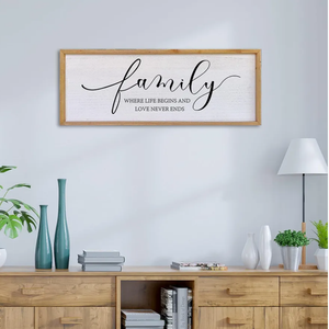 Surfapans Family Where Life Begins Love Never Ends Wall Decor 39"x15" Living Room Hallway Entryway Vintage Large Farmhouse Inspirational Quotes Motto Sign Wood Framed Hanging Home Wall Art (Wood)