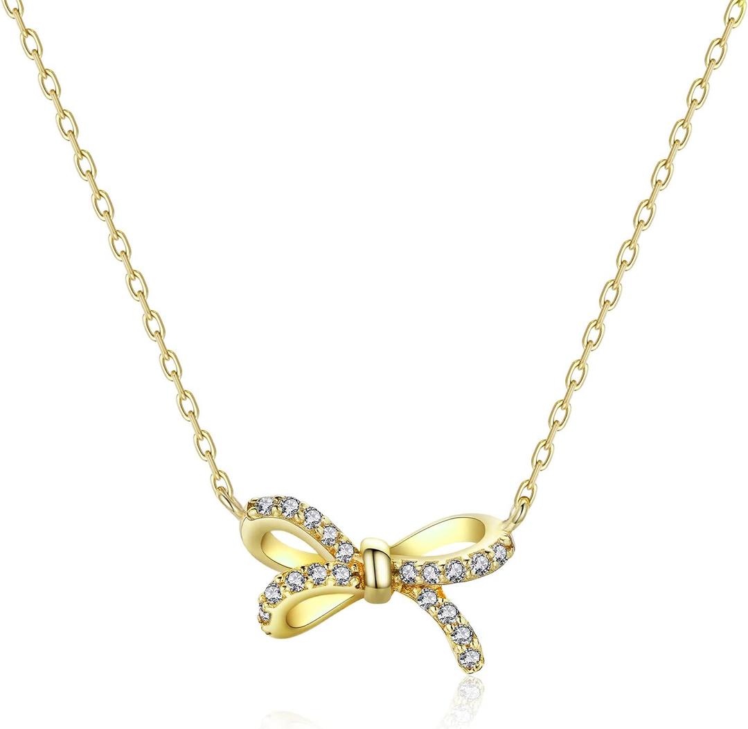 Necklaces for Women, 925 Sterling Silver Bow With Cubic Zirconia 14K White Gold Plated Necklace,Simple Gold Plated Jewelry Gift for Women,For Family, Loved Ones, Friends