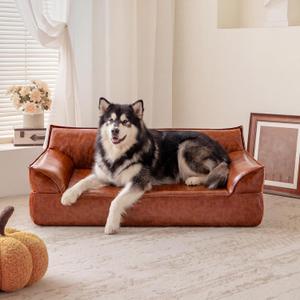 X-Large Leather Dog Sofa Pet Couch for Large Dogs Under 90 lbs, Brown