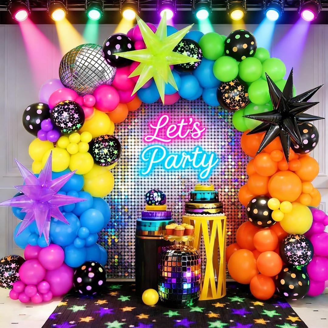 143Pcs Rainbow Balloon Arch Kit, Disco Hot Pink Blue Green Orange Yellow Neon Dot Balloons with Star and Disco Ball Foil Balloons for Back to 80s 90s disco Party Decorations, Rock Roll Party Supplies