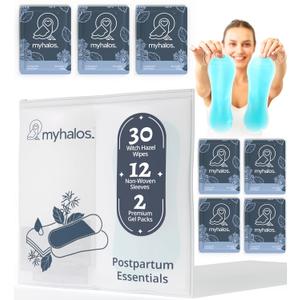 MyHalos 44 pcs- Witch Hazel Wipes & Perineal Ice Packs for Postpartum, Hemorrhoids & C Section Ice Packs for Postpartum -30 Alcohol Free Witch Hazel for Postpartum Care & Hemorrhoids Cold Postpartum