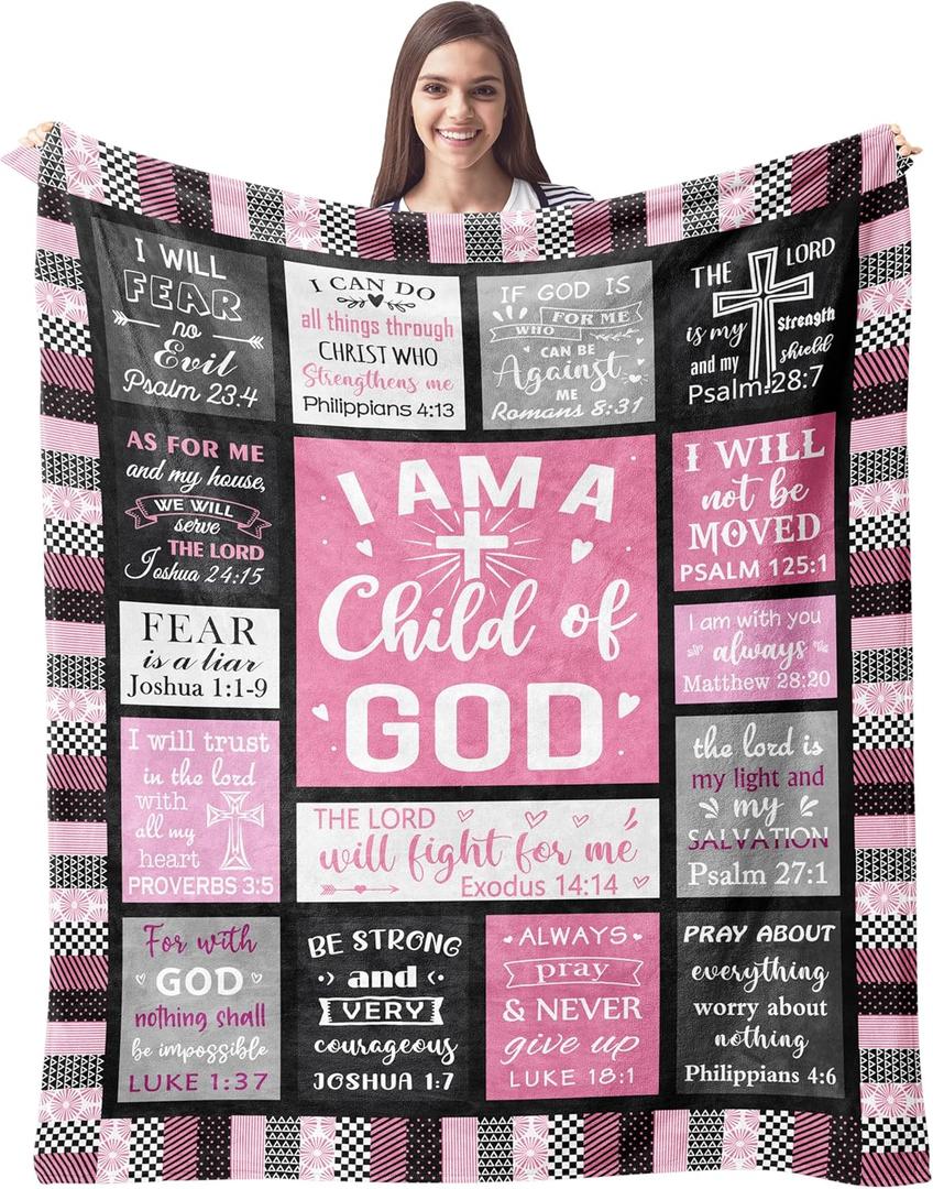 CUJUYO Christian Gifts for Women Blanket 60"x50" - I Am a Child of God Blankets - Inspirational Religious Birthday Catholic Spiritual & Baptism Confirmation Gifts for Girls (Christian - Pink)