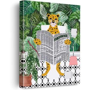 EVXID Bathroom Cheetah on Toilet Reading Newspaper Canvas Poster Painting Wall Art, Tropical Plants Cheetah Print Picture Artwork Framed Ready to Hang for Restroom Wall Decor 12 x 15 Inch (Leopard-04)