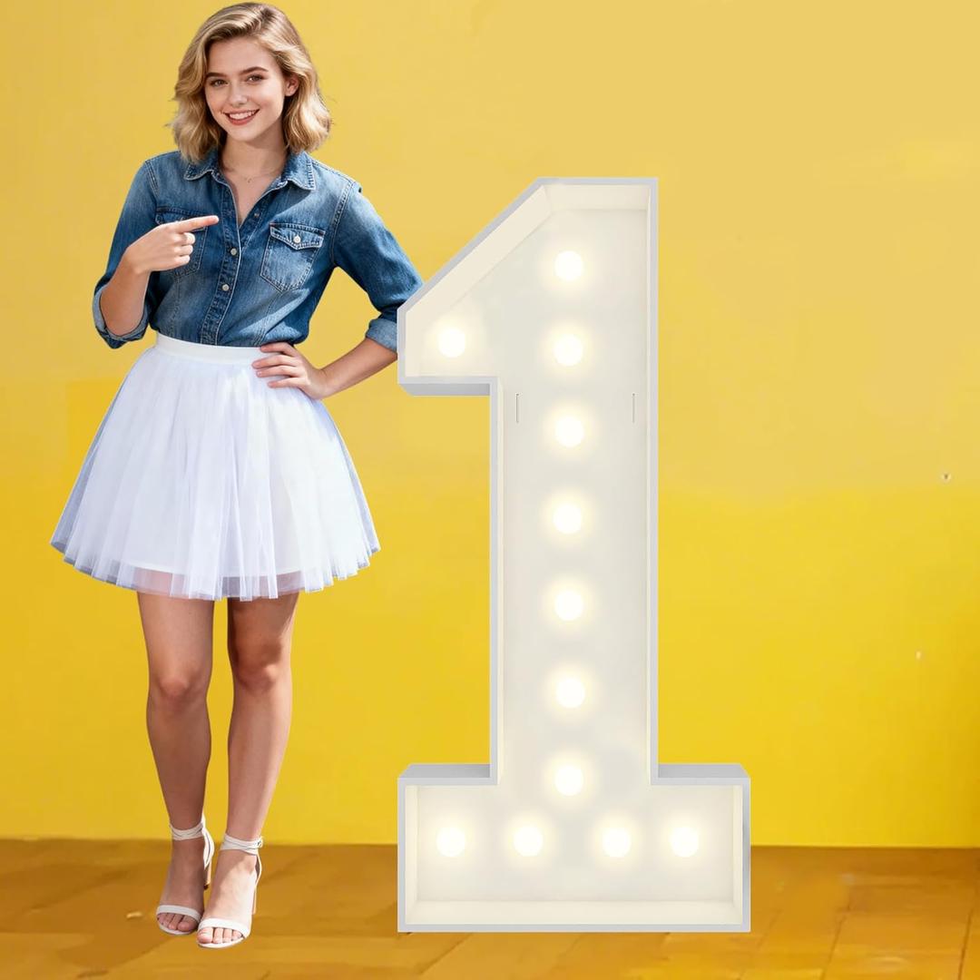 4FT Marquee Numbers, Warm White Light Up Number 1 with Display Board, Marquee Balloon Kit Decorations, DIY Pre-Cut Frames for Party, 1st Baby Birthday, Anniversary Decor, 21st Milestones