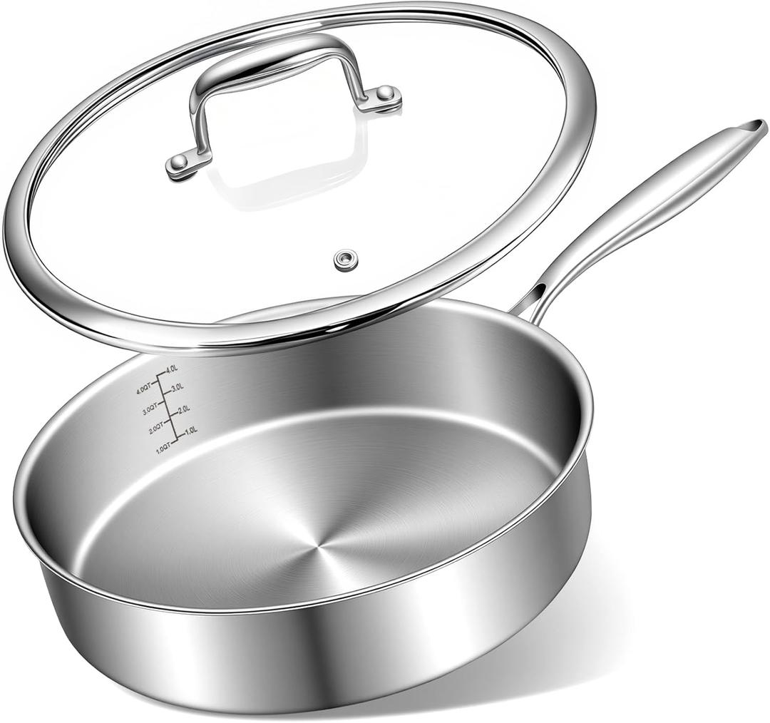 EWFEN 12 Inch Tri-Ply Stainless Steel Frying Pan, Compatible with All Cooktops Up to 600, Large Frying Pan with lids, Induction-Ready Skillet, Dishwasher and Oven Safe, Even Heat, 12" Saute Pan+Lid