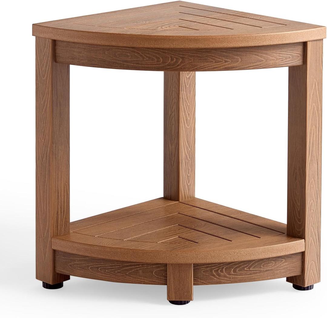 KaimuBench Corner Shower Stool for Shaving Leg, Waterproof Bathroom Shower Bench Seat for Inside Shower, Poly Lumber Plastic Shower Chair Seat, Shower Foot Rest with Adjustable Feet, Non-Slip, Brown