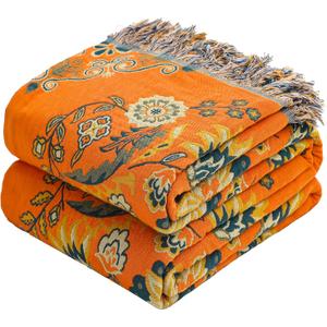 VANJOROY Boho Large Throw Blanket, 100% Organic Muslin Cotton Breathable Soft Bed Throw - Floral Farmhouse Decor Blanket for Sofa Couch Chair and Gift. 80" x 90"- Orange (Flower-art-red)