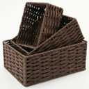 Small Wicker Basket for Organizing, Woven Storage Basket Set of 3 - Handwoven Natural Paper Rope Baskets to Declutter Any Room, Perfect for Organizing and Home Decor (Coffee)