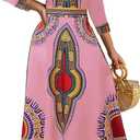 African Dress for Women Print Maxi Dress Sexy V Neck Dashiki Party Dresses Elegant Bohemian Long Sleeve Prom Attire Flowy Cocktail Tropical Vintage Outfits (L)