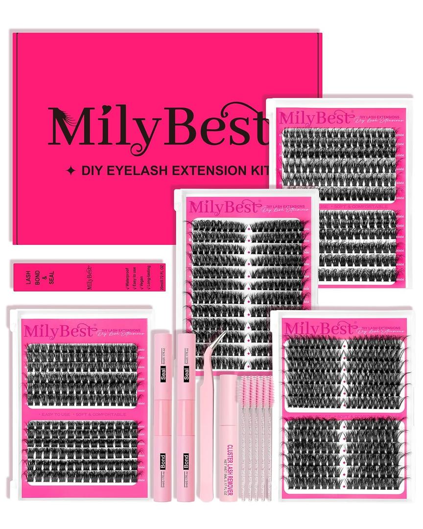 MilyBest 4 Styles Lash Clusters Kit 864Pcs Eyelash Clusters Lash Kit Volume Lashes Clusters D Curl DIY Individual False Eyelashes with 2 Bond&Seal Wispy Bulk Cluster Eyelash Extensions Kit De Pestaas