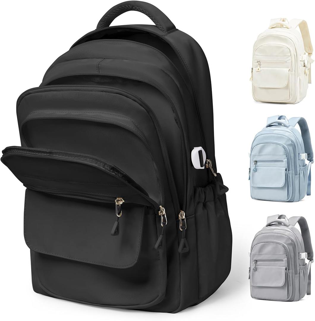 Lightweight School Backpack for Women Men, Multi Pocket Backpack for College Students, Waterproof Middle School Bags, Simple Bookbag for Teens Girls Boys, Black