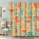 Boho Abstract Colorful Floral Shower Curtain, Vintage Retro Patchwork Orange Green Flower Botanical Geometric Aesthetic Groovy Bathroom Decor Shower Curtain Set with 12 Hooks, 70X70IN