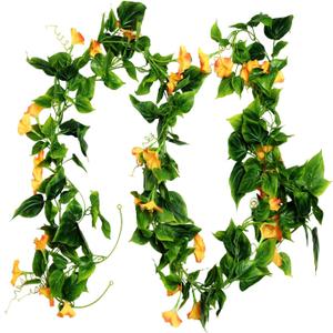AirSun Artificial Morning Glory Flower Vines, 2pcs 15Feet Hanging Plants Silk Garland Fake Green Plant Home Garden Wall Fence Indoor Outdoor Wedding Birthday Decor (Yellow)