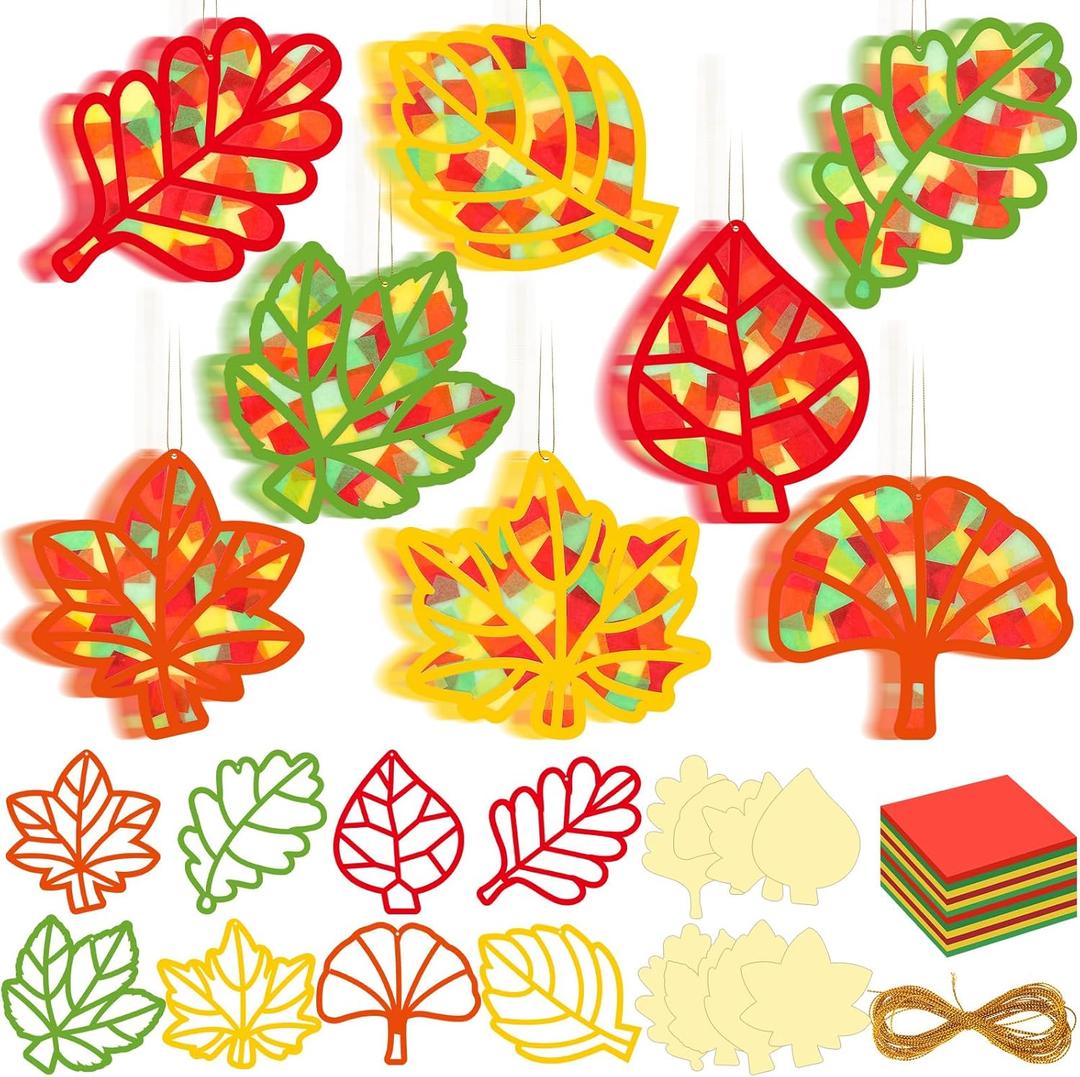 48 Pcs Thanksgiving Fall Maple Leaves Suncatchers Craft Kit DIY Stained Glass Effect Tissue Paper Kit Bulk for Window Decor Ornament Fall Thanksgiving Party Favors Home Activities