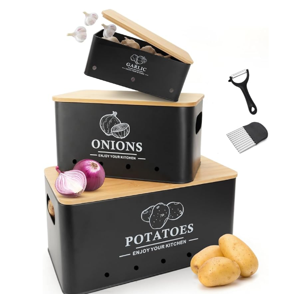 Dekosilave Kitchen Vegetable Storage Set of 3, Metal Onion Garlic Potato Storage Set, Kitchen Canisters Vegetable Keeper Containers with Aerating Holes and Wooden Lid (Black)