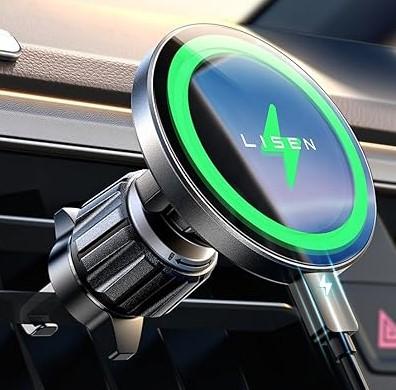 LISEN for 15W MagSafe Car Mount Charger,Magnetic Wireless Car Charger for iPhone 16 Pro Max Accessories,Magnetic Phone Holder for iPhone 16e 15 14 13 12,Samsung with MagSafe,Gifts for Men Women (Black)