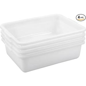  4-Pack Commercial Bus Tubs,  Small , White Wash Basin Plastic Dish Pan 11x7 storage bin