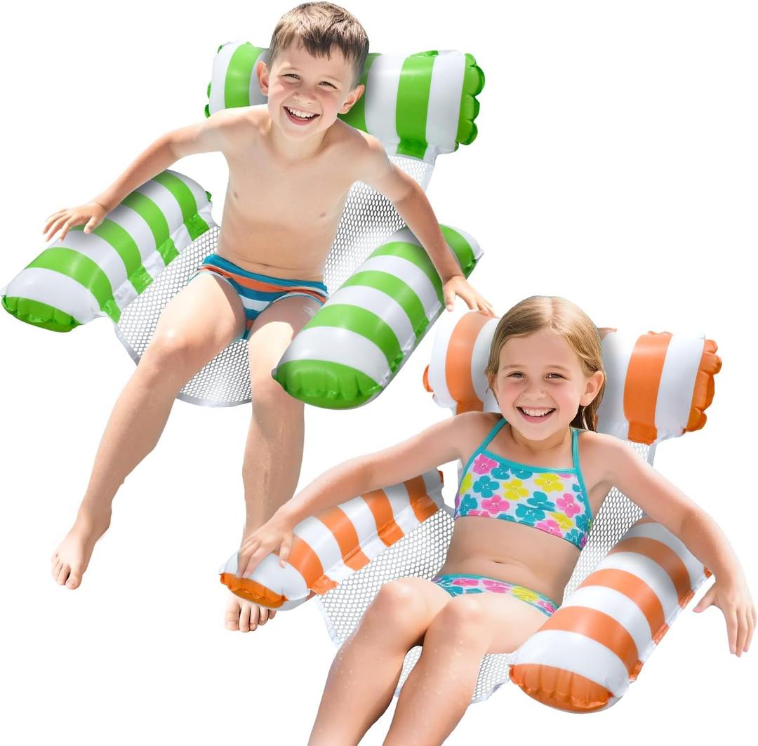 Pool Floats Kids, Meegoo Pool Lounge Chairs 3 Tubes Floaties Water Hammock Inflatable Pool Toys for Kids Ages 8-12 for Summer Party Beach Vacation Essentials (Green Orange)