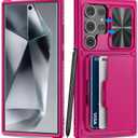 for Samsung Galaxy S24 Ultra Wallet Case, Built-in Card Holder (Store 4-5 Cards) & Kickstand & Slide Lens Cover, Military Grade Protection, Hard Silicone Case for Galaxy S24 Ultra 2024, Hot Pink