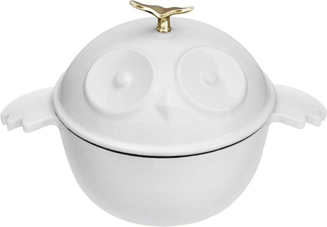 Owl Shaped Cast Iron Dutch Oven with Lid 1.5 qt Enameled Dutch Oven for Bread Baking,White